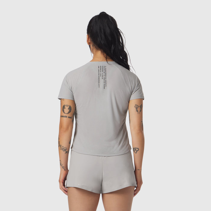 Laser-Vent Established Tee in slate grey, back view on model with matching shorts