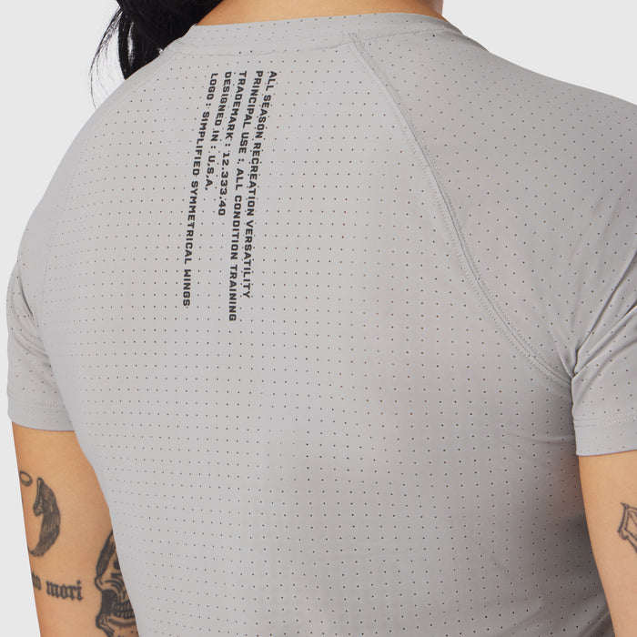 Laser-Vent Established Tee in slate grey worn by model, back view showing perforated fabric