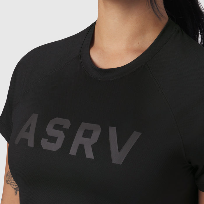 AeroSilver Cropped Tee in black with ASRV logo, worn by model, front view