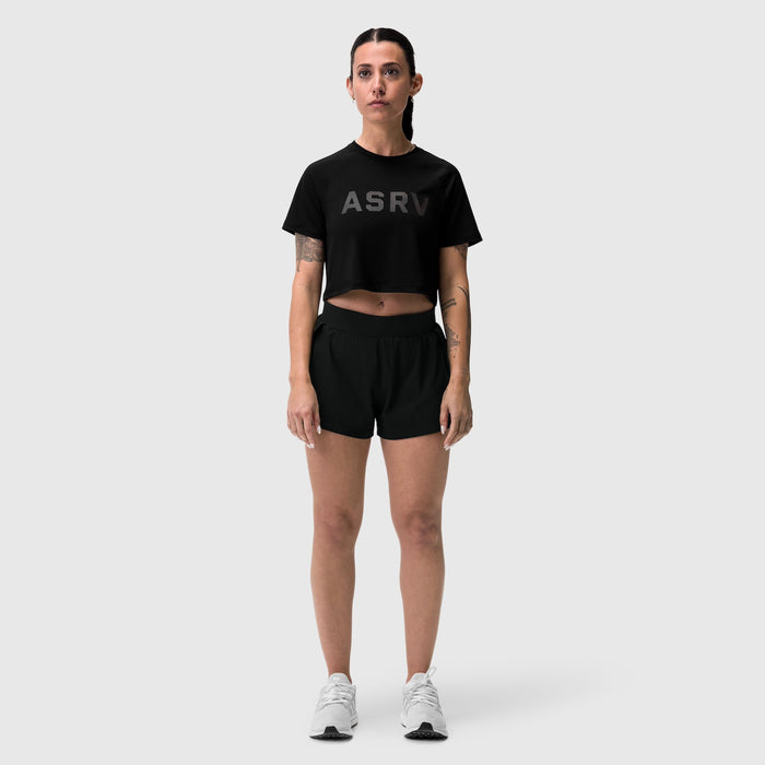 Black ASRV AeroSilver cropped tee worn with black shorts, front view on model
