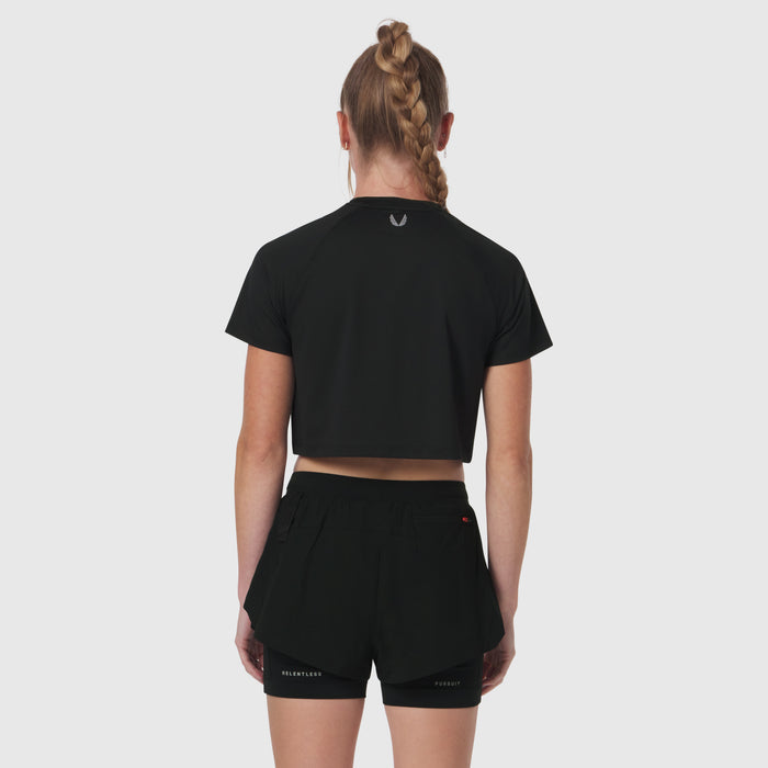 Black AeroSilver® cropped tee worn by model, back view