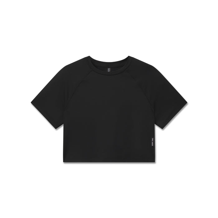 Flatlay of AeroSilver® cropped tee in black, front view