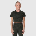 AeroSilver® Cropped Tee in dark camo worn by model, front view