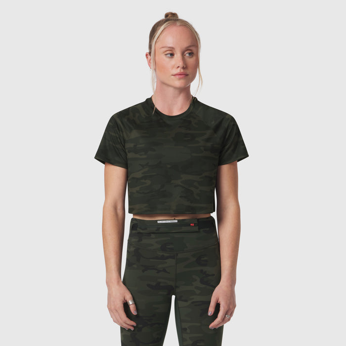 AeroSilver® Cropped Tee in dark camo worn by model, front view