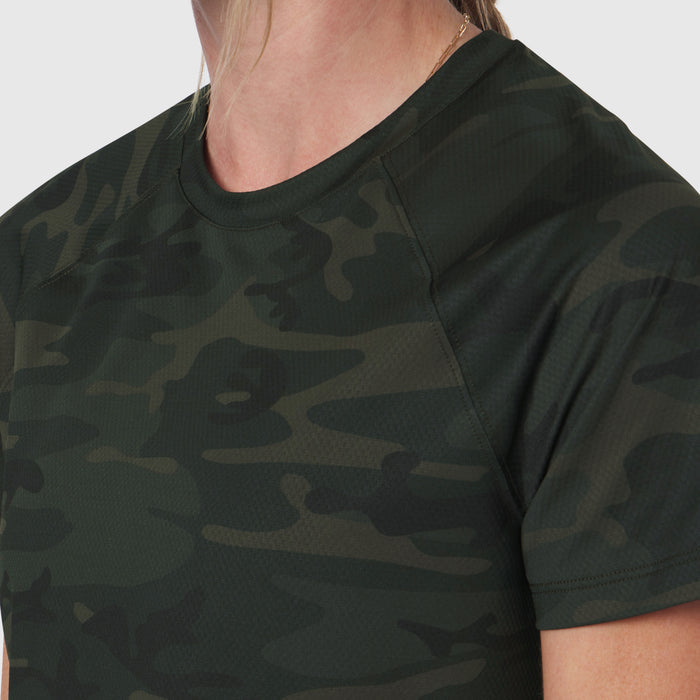 AeroSilver® Cropped Tee in Dark Camo worn by model, front detail view