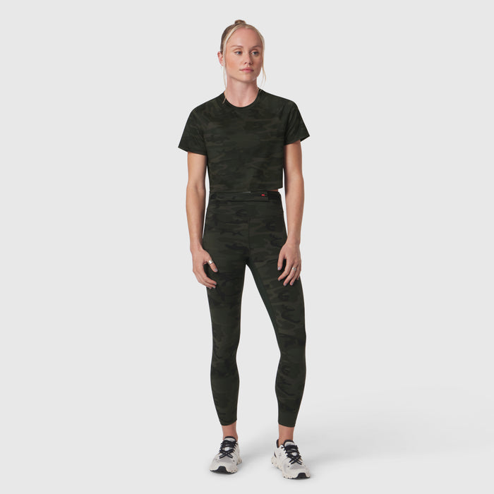 AeroSilver® Cropped Tee in dark camo worn with matching leggings, front view