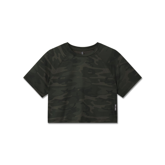flatlay AeroSilver® cropped tee in dark camo, front view