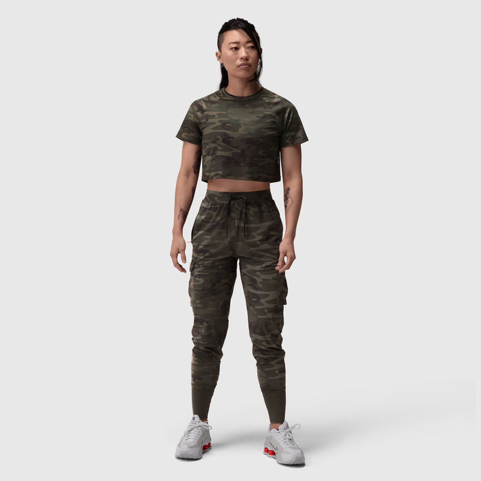 AeroSilver Cropped Tee in dark camo worn with matching cargo joggers, front view