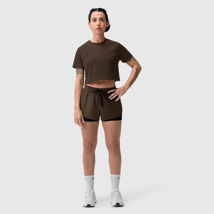 AeroSilver® Cropped Tee in Dark Earth worn with matching shorts, front view