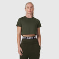 AeroSilver Cropped Tee in olive worn with matching joggers, front view