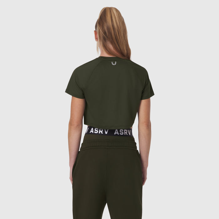 AeroSilver® Cropped Tee in olive worn by model, back view