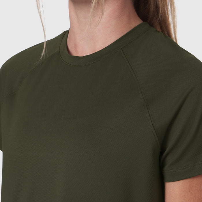 AeroSilver Cropped Tee in olive, worn by model, front detail view