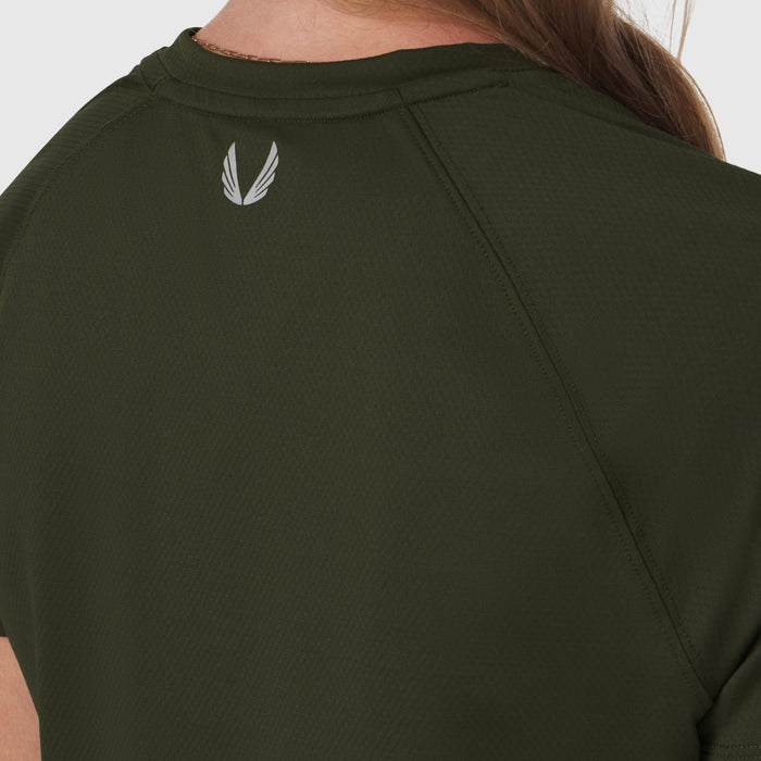 AeroSilver® Cropped Tee in olive, back view on model