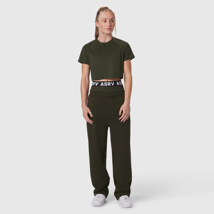 AeroSilver Cropped Tee in olive worn with matching joggers, front view