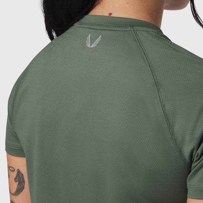 AeroSilver Cropped Tee in sage, back view on model