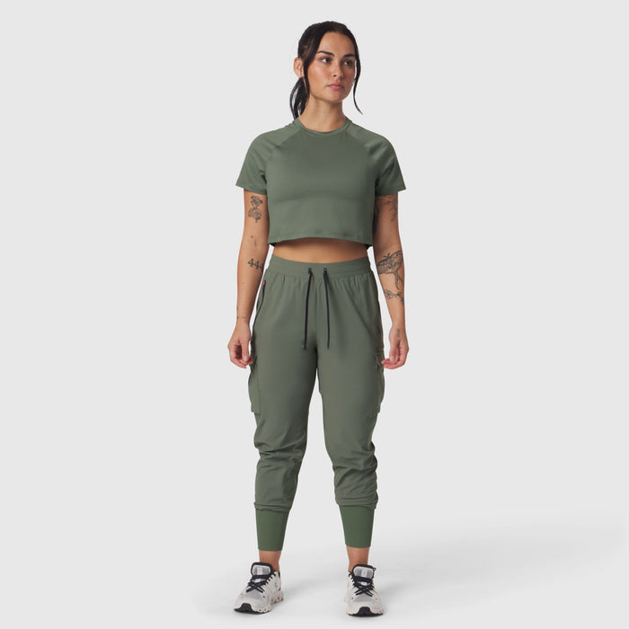 AeroSilver® Cropped Tee in sage worn with matching cargo joggers, front view