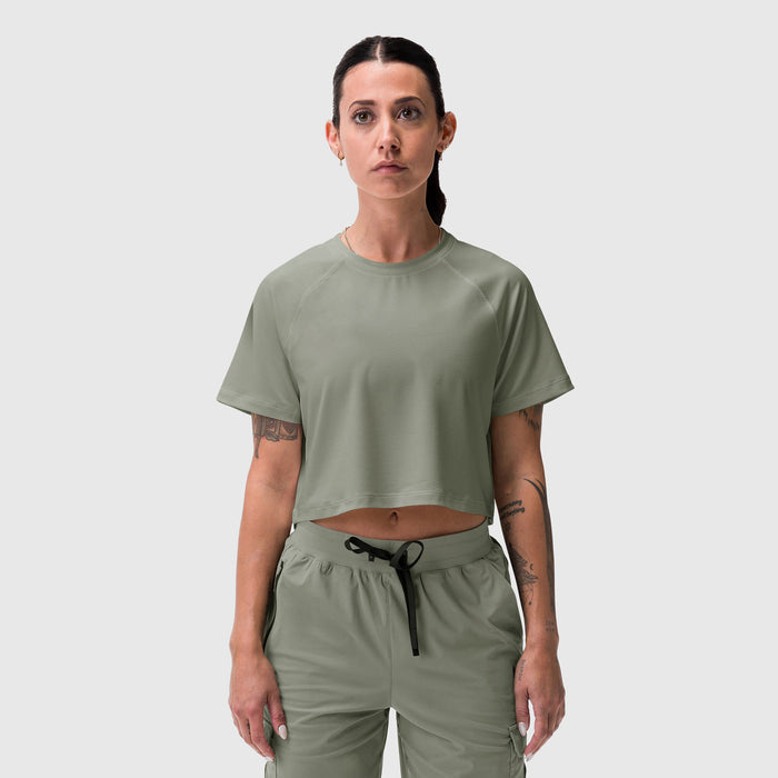AeroSilver® Cropped Tee in sage worn by model, front view