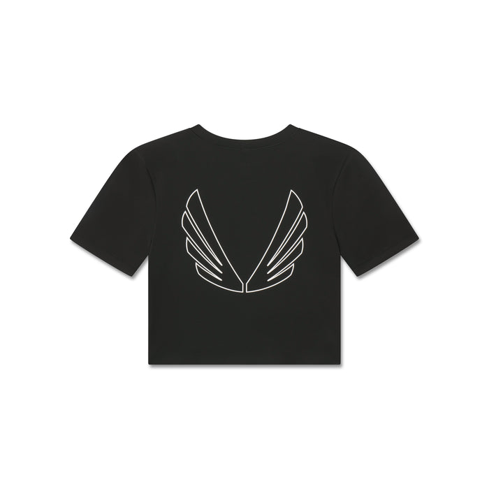 Flatlay of black cropped tee with white wing graphic design, front view