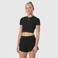 Black LYCRA® cropped tee worn by model, front view