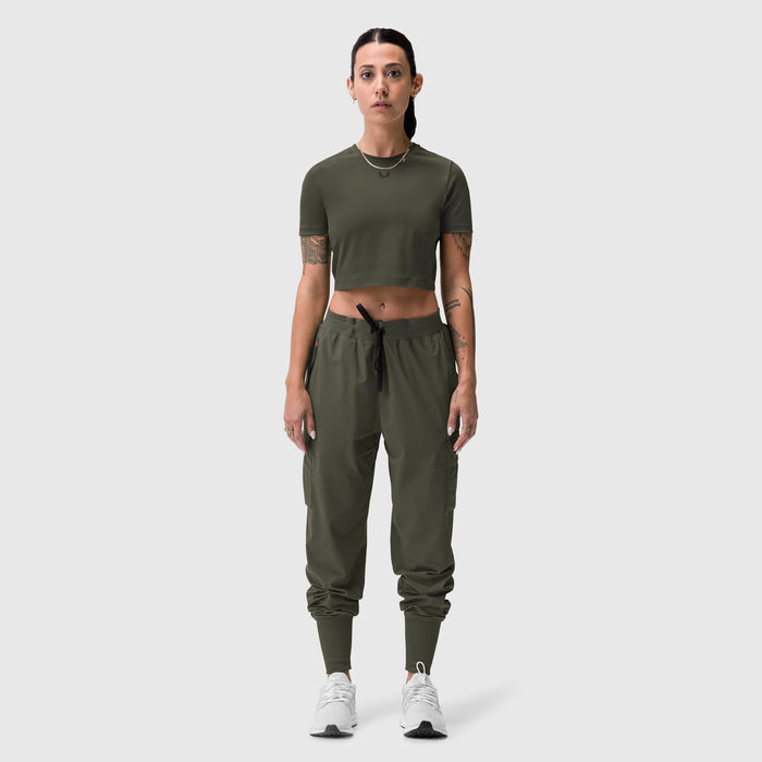 Olive cropped tee paired with olive cargo joggers, front view on model