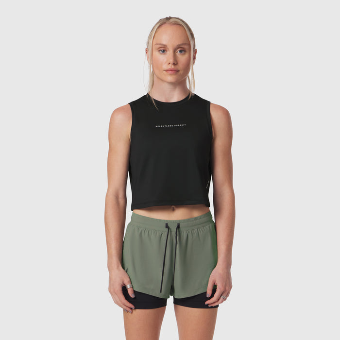 Black AeroSilver tank top with 'RP' text worn with sage green shorts, front view