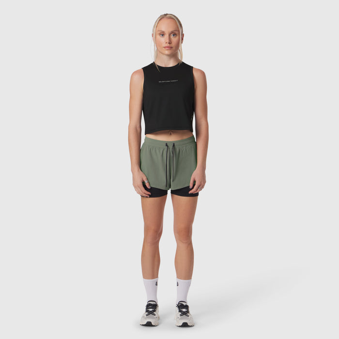 Black AeroSilver Tank Top worn with sage green shorts, front view on model