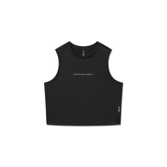 flatlay AeroSilver Tank Top in black with 'Relentless Pursuit' text, front view