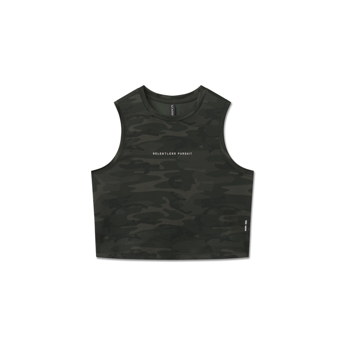 flatlay AeroSilver Tank Top in dark camo with Relentless Pursuit text, front view