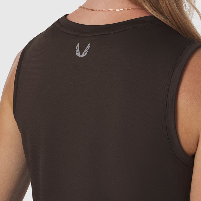 AeroSilver® tank top in dark earth worn by model, back view showing wing logo