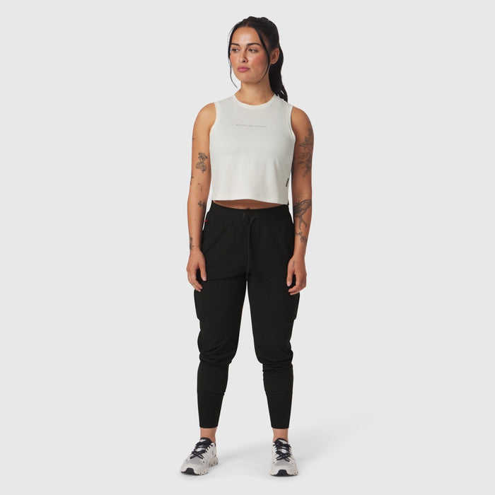 AeroSilver Tank Top in ivory cream worn with black joggers, front view