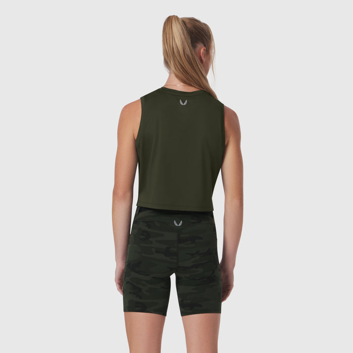 AeroSilver® Tank Top in olive worn with black camo shorts, back view
