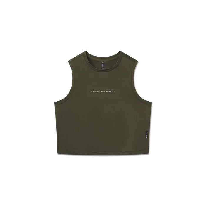 flatlay AeroSilver Tank Top in olive with 'Relentless Pursuit' text, front view