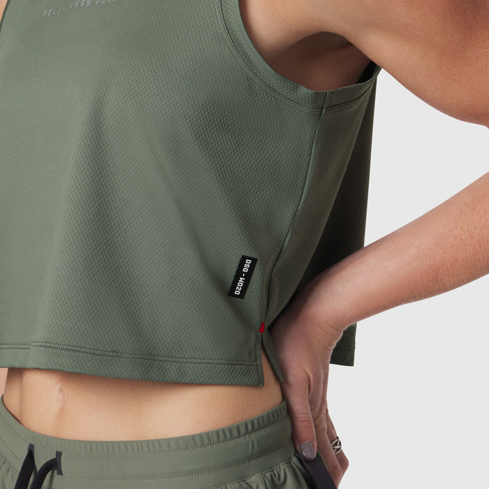 AeroSilver Tank Top in sage green worn by model, side view showing fit and fabric texture