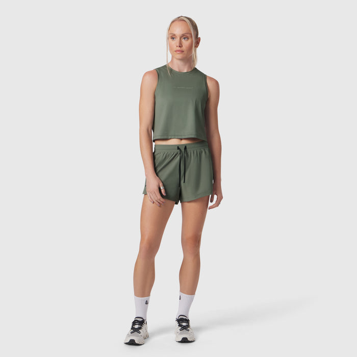AeroSilver® tank top in sage green worn with matching shorts, front view on model