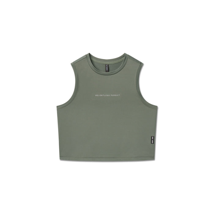 flatlay AeroSilver Tank Top in sage green with 'Relentless Pursuit' text, front view