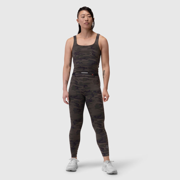 W022 Lycra 2-in-1 tank top in dark camo, worn with matching leggings, front view