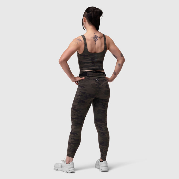 LYCRA® 2-in-1 tank top in dark camo, back view on model