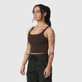 Dark brown LYCRA® 2-in-1 tank top worn by model, front side view