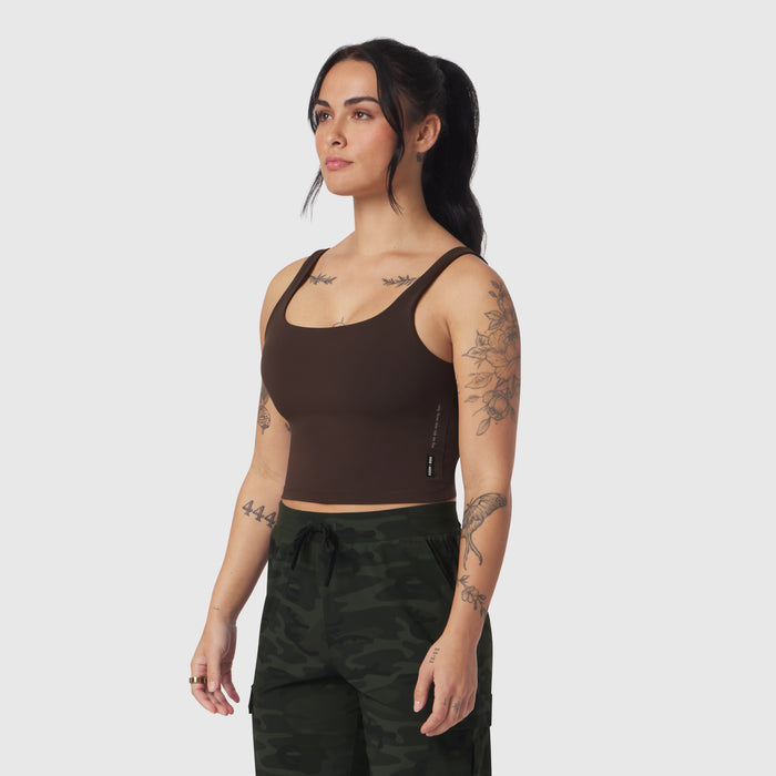 Dark brown LYCRA® 2-in-1 tank top worn by model, front side view