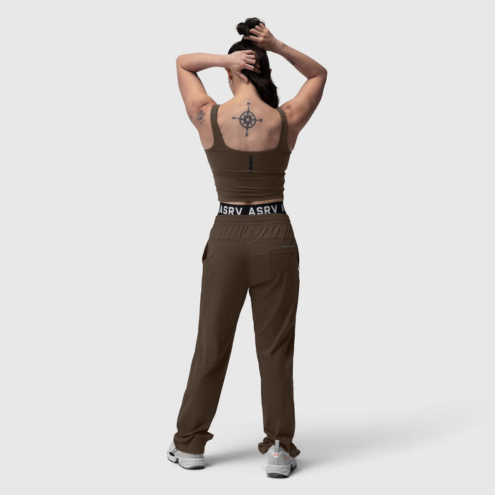 W022 Lycra 2-in-1 tank top in dark earth, back view on model