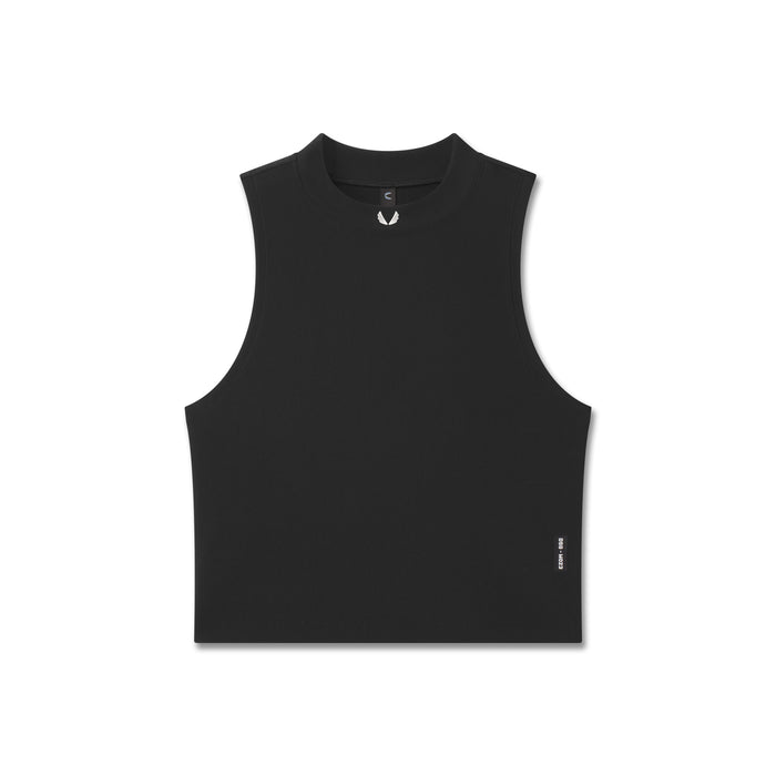 Flatlay of black LYCRA® Ribbed Mockneck Tank, front view on white background