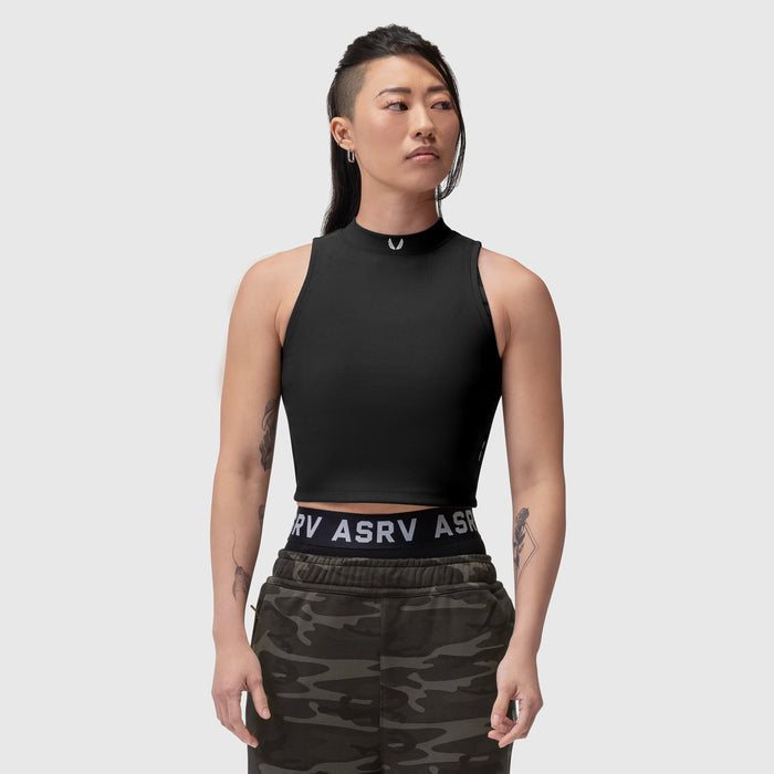Black Lycra ribbed mockneck tank on model, front view