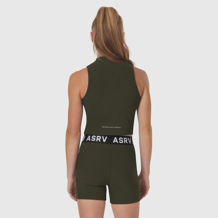 W023 Lycra Ribbed Mockneck Tank in olive worn by model, back view
