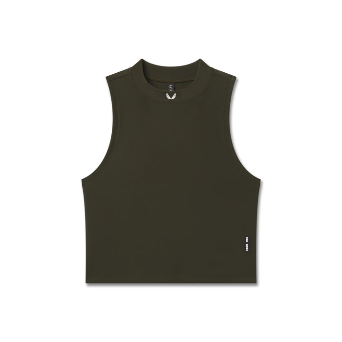 flatlay Lycra ribbed mockneck tank in olive, front view