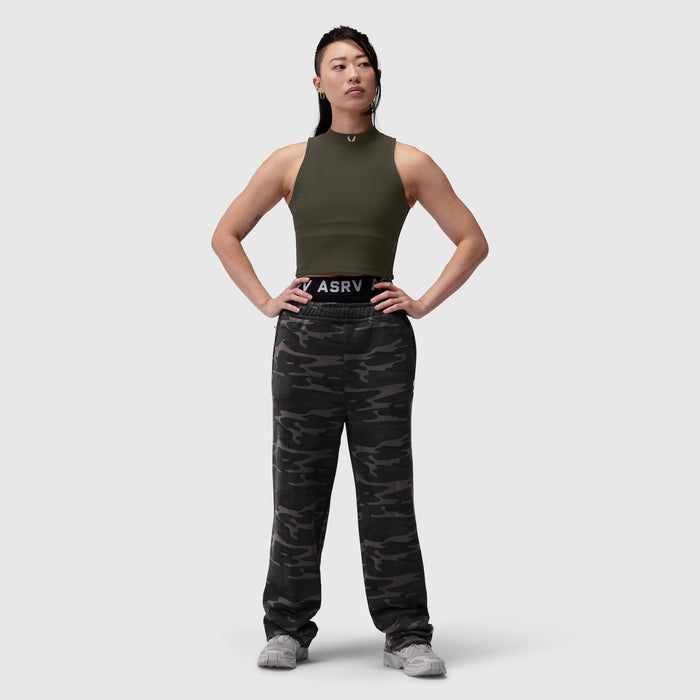 Lycra Ribbed Mockneck Tank in olive worn with camouflage joggers, front pose
