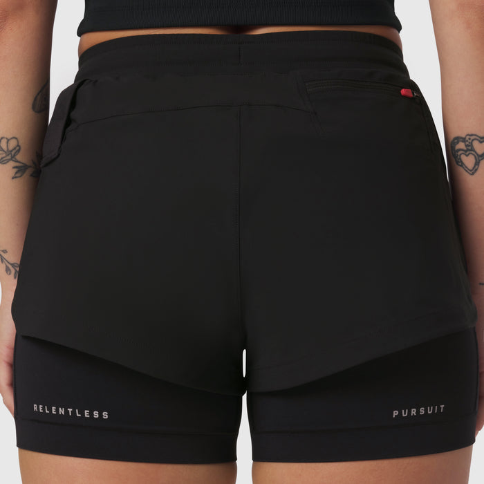 W025 Tetra-Lite Liner Short in black worn by model, back view showing 'Relentless Pursuit' text