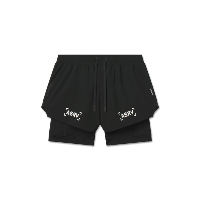 Flatlay of W025 Tetra-Lite Liner Shorts in black with bracket logo detailing, front view