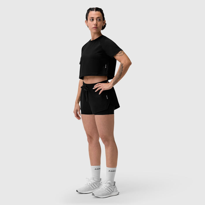Tetra-Lite Liner Short in black, worn with cropped tee, front pose