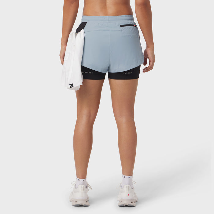 Tetra-Lite Liner Short in light sky and black, back view on model with white towel