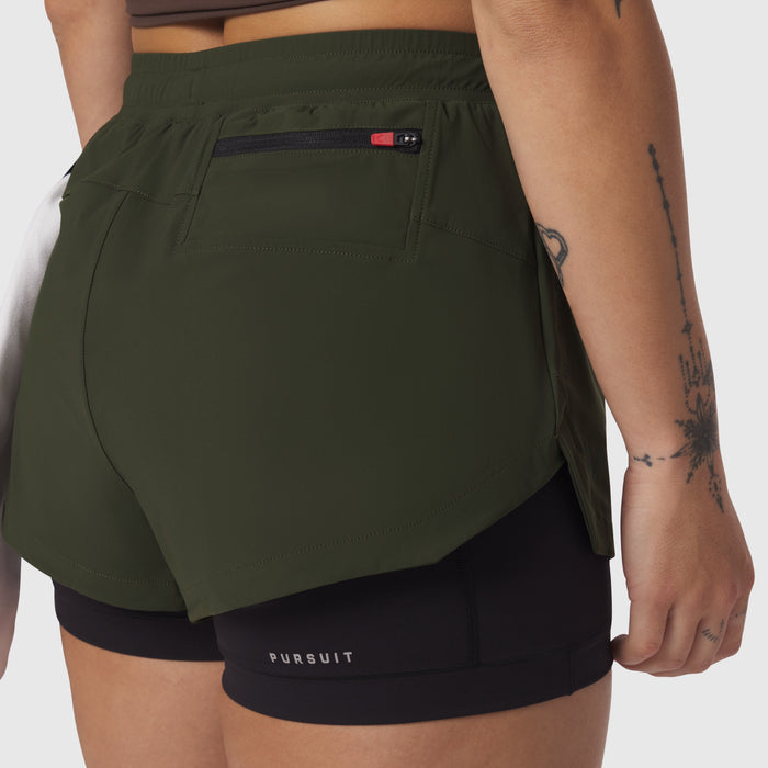 Tetra-Lite Liner Short in olive worn by model, back view showing pocket detail